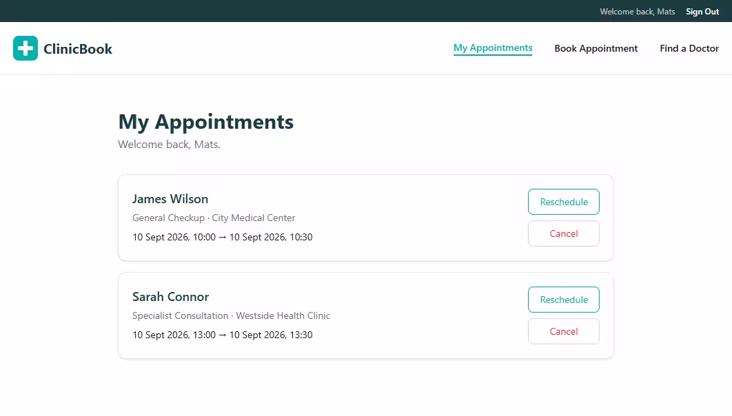 The confirmation screen showing the booked clinic, doctor, specialty, date, and time.